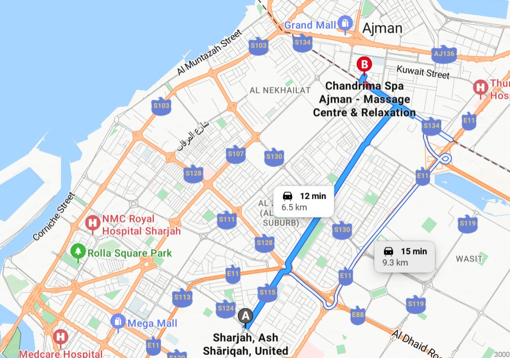Map of the driving route from Sharjah to Chandrima Spa Ajman