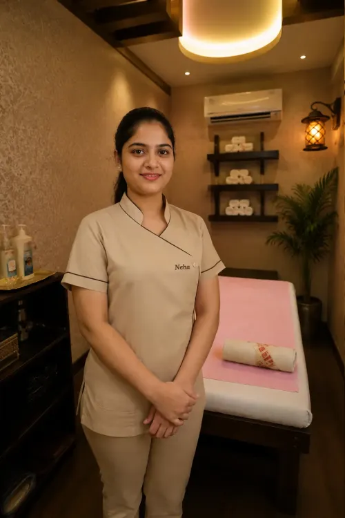 Experienced female massage therapist providing Ayurvedic treatment at Chandrima Ajman Spa